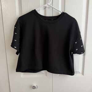 Truce Black Crop Short Sleeve Heart Jeweled Sleeves Women's‎ Size Large Boho